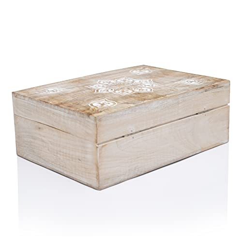 Decorative Wooden Box with Hinged Lid Hand Carved Wood Storage