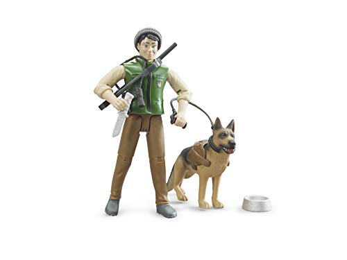 bruder 62660 - Bworld Förster mit Schäferhund, Gewehr, Fernglas, Jagdmesser - 1:16 Forstwirtschaft Figur Mann Jäger Wald-Arbeiter Bauernhof Holztransporter Land Rover Baumstämme – Bild 4