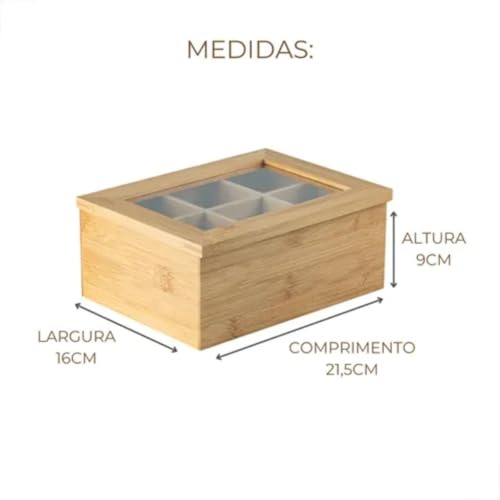 Caixa De Chá e Café Com 6 Divisórias Multiuso - Organização Elegante Para Cozinha ou Escritório Armazenamento De Especíarias e Temperos Bambú Sustentável
