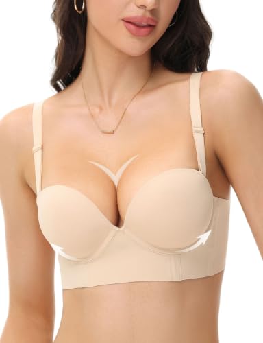 Upushall Push Up Padded Bras for Women Add 1 Cups Longline Demi Cup Bra Plunge T Shirt Seamless Bras Underwire Beige 38D at Amazon