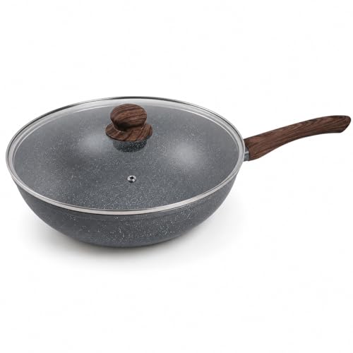 Frigideira Wok Antiaderente Revestimento Cerâmico 28cm 4,3 Litros Alumínio 2.3mm com Tampa Vidro Fundo indução, Cabo Baquelite Antitérmico (Granito)