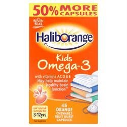 3 x Seven Seas Haliborange Kids Omega-3 with Vitamins A C D & E 45 Orange Chewable Fruit Burst Capsules by Seven Seas Haliborange