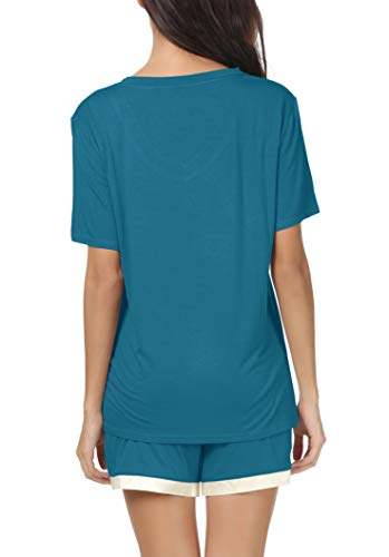 Invug Women Short Sleeve T Shirt and Shorts Pajamas Sleepwear Set Loungewear Peacock Blue L