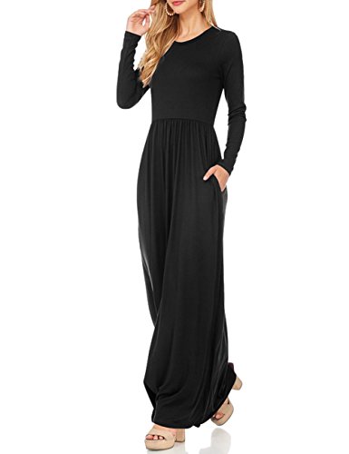 Zhaoyun Womens Long Sleeve Loose Plain Swing Casual Maxi Dress With Pockets,Black-L