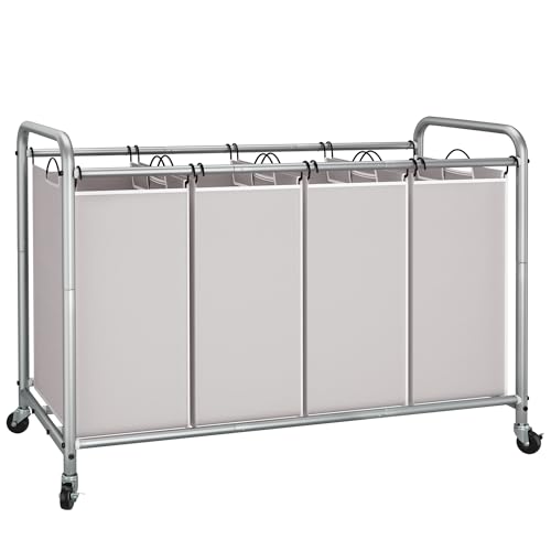 STORAGE MANIAC Laundry Sorter 4 Section, 47.5 Gal (180 L) Laundry Hamper with Wheels, Clothes Divider Basket Sorter, Separator Hamper Cart with Removable Bags, Gray