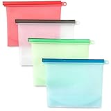 [Large Size] Reusable Silicone Food Storage Bags, 50 OZ/1.5L/6 cups, Airtight Zip Seal Versatile Bags for Cooking, Fruit, Leftover, Lunch, Snack, Sandwich, Sous Vide, Soup. (Set of 4)