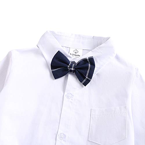 Baby Boys Gentleman Outfit Set, Infant Plain Shirt+Bowtie +Suspenders Pants for Toddler Casual Formal Wedding Birthday Party (White Long Sleeve Plain Black Pants, 6-9 Months)