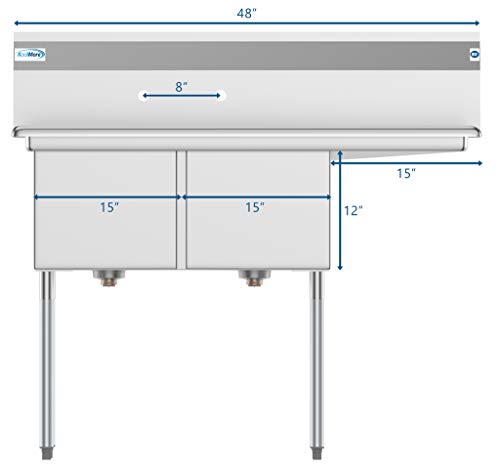 KoolMore 2 Compartment Stainless Steel NSF Commercial Kitchen Prep & Utility Sink with Drainboard - Bowl Size 15" x 15" x 12"