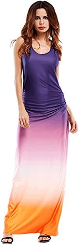 Sleeveless Tie Dye Gradient Color Long Maxi Bodycon Column Dress Purple Orange L