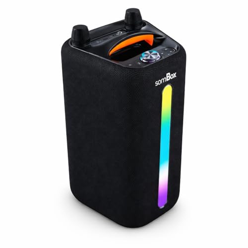 Caixa de Som Portátil 100W RMS Graves Potentes RGB Bluetooth 5.3, USB e AUX, Bateria Longa Duração com 2 Microfones sem Fio para Festas, Viagens, Karaoke e Uso Externo