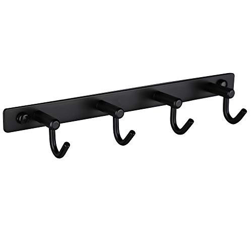 Mellewell Hook Rail Rack Wall Hanger with 4 Hooks Stainless Steel, Flat Black, 8012H4-B