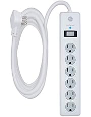 GE 6-Outlet Surge Protector, 10 Ft Extension Cord, Power Strip, 800 Joules, Flat Plug, Twist-to-Close Safety Covers, UL Listed, White, 14092
