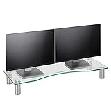 VonHaus Large Curved Glass Monitor Stand - Adjustable Height Multiple Screen Riser for PC Monitors, Computers, Laptops & TVs - 27.5 x 9.5 inches - Clear