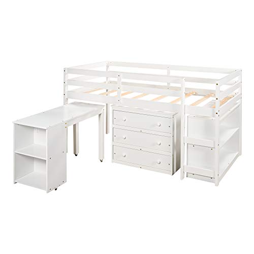 Merax Twin Loft Bed Low Study Twin Size Bed with and Rolling