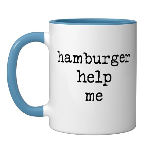 Help Hamburger Retro Grunge Typewriter Style Sarcastic Ceramic Mug, Blue/White