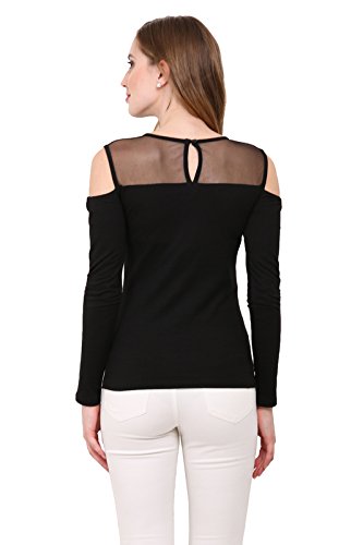 le bourgeois net yoke round neck cotton t-shirt for women