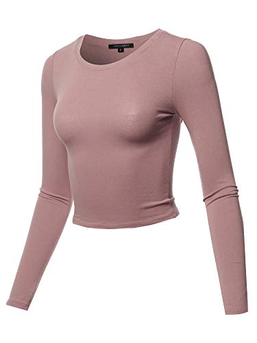 Solid Round Neck Long Sleeve Basic Crop Top Rose M