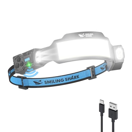 Smiling Shark TS-6 Headlamp, Dual Spotlight with 6X Floodlight & Strobe LED Head Torch Rechargeable 2400mAh Long-Lasting & Motion Sensor Hands-Free Design for Camping Hiking Running Jogging (1 Pack)
