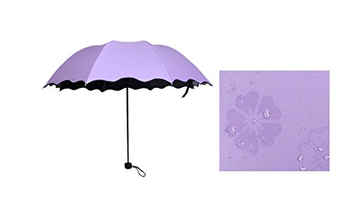 Sunny Rainy Folding Umbrella Magical Bloom Flower in Rain Water Fashion Exquisite Windproof Sunshade for Women Girl Outdoor Sports Camping Walk Travel Parasol UV Protection (Purple Umbrella)
