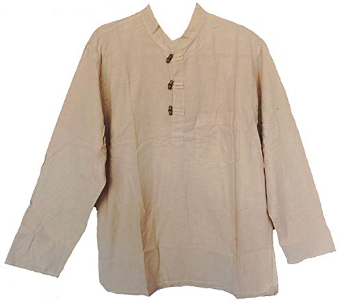 Mens Tunic Handloomed Cotton 3-Wooden Button Loop Closure, Mandarin Collar (Small/Medium, Natural)
