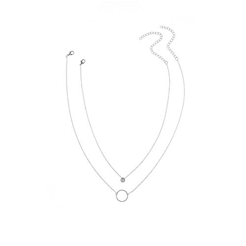 Fashion 2 Layered Necklace Sets Big Circle Long Chain Pendant Necklace (Silver)