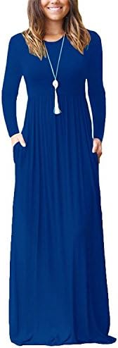 FOXSEN Womens' Women Long Sleeve Round Neck Casual Loose Long Maxi Dress with Pocket Light Blue 3XL