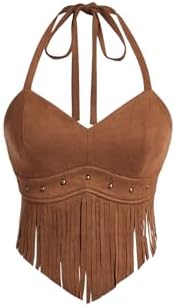 OYOANGLE Women's Plus Size Fringe Halter Top V Neck Beaded Cowgirl