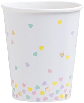 Fire and Creme Hearts Foiled Paper Party Cups Gold and Pastel Colors 9 Ounce - Pack of 8