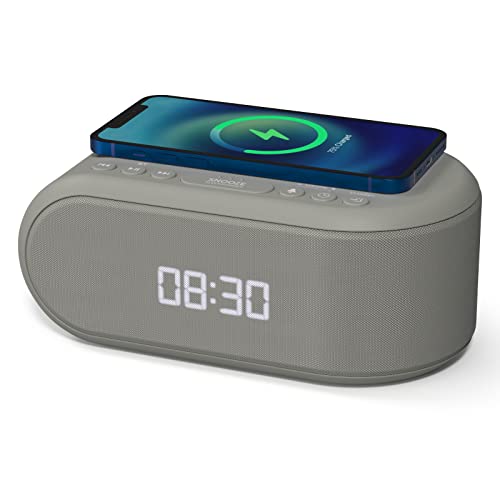 i-box Digital Alarm Clock Radio for Bedroom with Wireless Charging, Bluetooth Alarm Clock with FM Radio, Stereo Speakers, USB Charger and Dimmable LED Display, Bedside Alarm Clock with Backup Battery