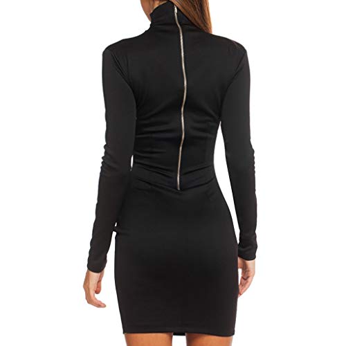 Women's Turtleneck Autumn and Winter Bodycon Tight Slim Mini Dress with Zipper (Black, L)