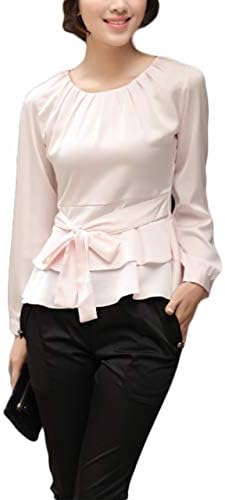 Women's Casual Long Sleeve Tops Pleated Slim Round Neck Peplum Blouse