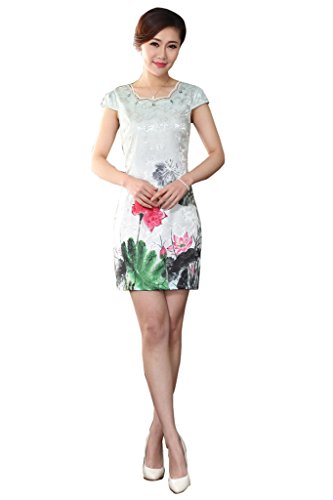 JINFU Women's Slim Fit Cheongsam One-piece Ivory White Ink Lotus Chinese Dress