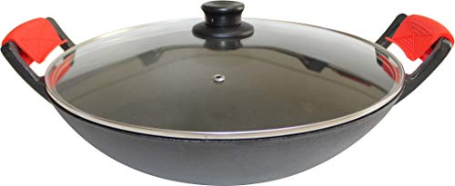 14-Inch Cast Iron Wok Set (Pre-Seasoned), Glass Lid & Silicone Hot Handle Holders