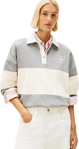 Donna Felpa Gold BTN Rugby Fleece Swtsrt con Chiusura a Bottoni, Grigio (Med Heather Grey), L