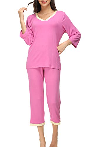 Invug Women 3/4 Long Sleeve Shirt Pants Set Sleepwear V Neck Long Pajamas Loungewear ROSEO S
