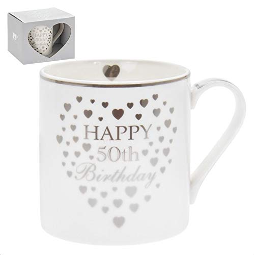 The Leonardo Collection LP34049 Ceramic 50th Birthday Mug Hearts | 1 Piece-8x8x9 cm Accessory, Cream/Gold