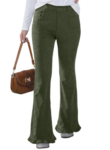 Sidefeel Womens High Waisted Ruffle Flare Corduroy Pants Green X-Large at Amazon