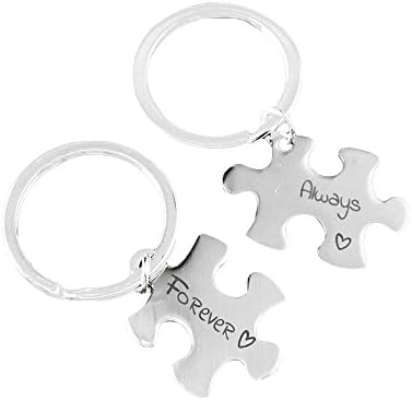 Retro 2 Pcs Couples I Love You Always Forever Letter Puzzle Dog Tag Necklace Key Chain Square Matching Engraved Heart Letter Necklace Set