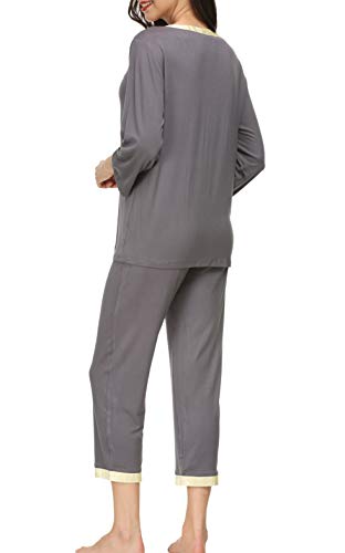 Invug Women 3/4 Long Sleeve Shirt Pants Set Sleepwear V Neck Long Pajamas Loungewear Grey XL