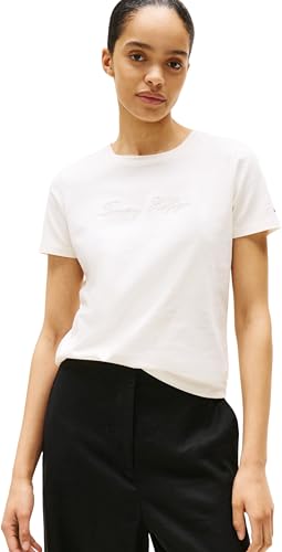 Tommy Hilfiger Donna T-shirt Maniche Corte Lurex Script con Scollo Rotondo, Bianco (Ivory Silk), 3XL