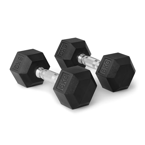 Set de mancuernas hexagonales con recubrimiento de goma, 6 kg, Negro