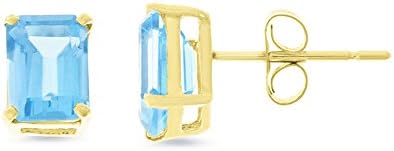 2.43CTW 14K Yellow Gold Genuine Natural Blue Topaz Emerald Cut 5 x 7 mm. Solitaire Stud Earrings
