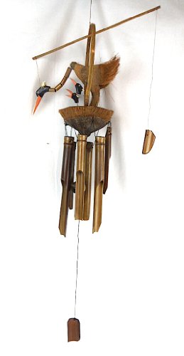 HAND CARVED LARGE BEAUTIFUL BAMBOO WOOD BOBBING GOONIE BIRD WITH NEST OF BABIES WIND CHIME