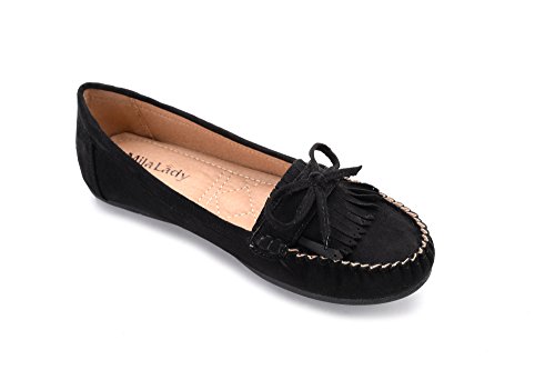 Mlia Lady Womens Casual Slip On Loafer Moccasins Flats Driving & Walking Shoes Zoe Black/Suede 8.5