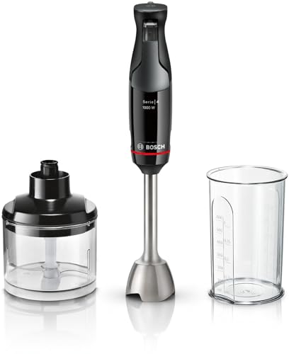 Bosch Stabmixer ErgoMaster Serie 4, mit Zerkleinerer, Mix-/Messbecher, Edelstahl-Klingen, langlebig, verschleißfreie Keramik-Kupplung, 1000 Watt, schw