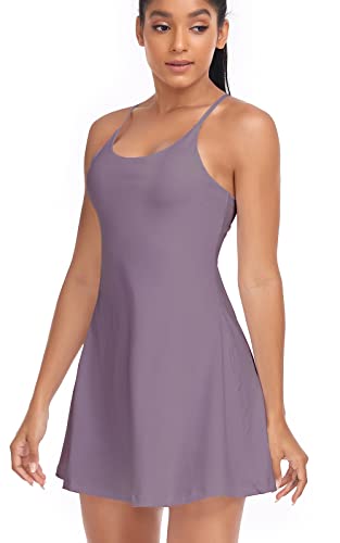 Women's Tennis Dress, Athletic Workout Sports Golf Dresses with Built-in Bra & Shorts Exercise Dresses for Women Purple