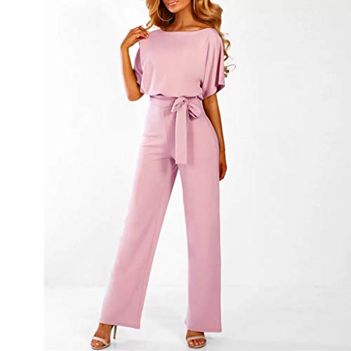 Sunyastor Womens Short Sleeve One Piece Jumpsuit Cocktail Romper Pant Suit Clubwear Straight Leg Jumpsuit with Belt Pink