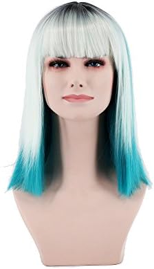 Fashion Women's Wig the latest gradient silver grass Ice blue in the new Omber Straight Bangs New short hair Fiber Synthetic wig(Ice Blue)