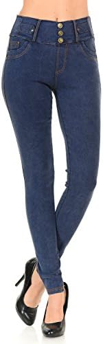 Womens Denim Style Ultra Stretchy Skinny Three Button Detail Jeans Jeggings Large-XLarge Dark Blue