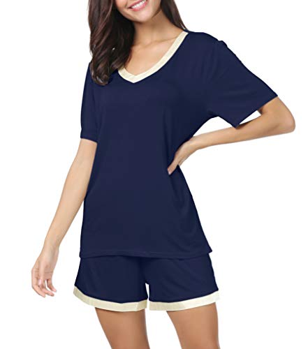 Invug Women Short Sleeve T Shirt and Shorts Pajamas Sleepwear Set Loungewear Navy L